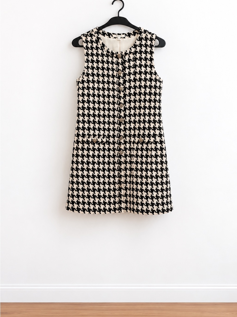 Girls Houndstooth Sleeveless Dress - Black & Cream